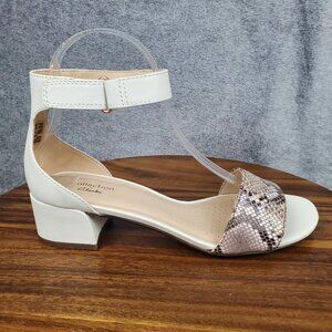 Clarks Sandals Women's 8 M White Leather Ankle Strap Block Heel Snake Print